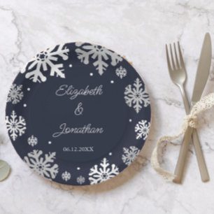 Navy Blue Snowflakes Winter Wedding Papieren Bordje
