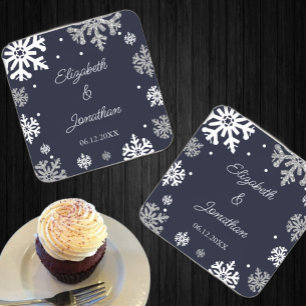 Navy Blue Snowflakes Winter Wedding Vierkante Kartonnen Onderzetter
