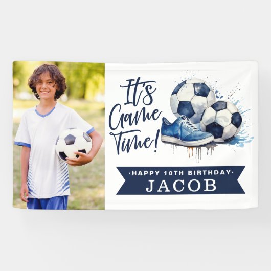 Navy Blue Soccer Kinder Waterverf Foto Spandoek (Horizontaal)