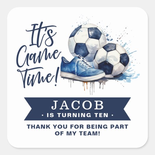 Navy Blue Soccer Kinder Waterverf Vierkante Sticker (Voorkant)