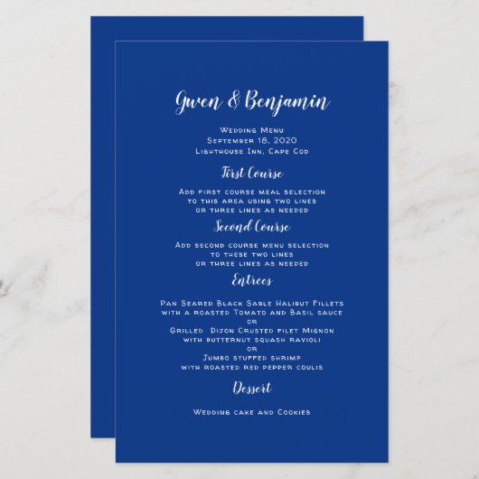 Navy Blue Solid Affordable Wedding Menu Sjabloon (Voorkant / Achterkant)