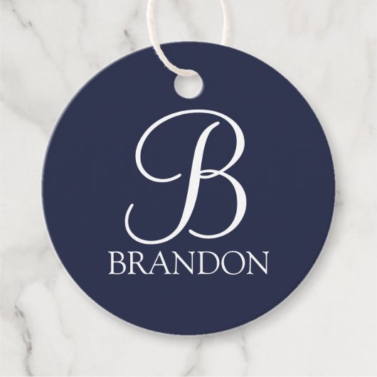 Navy Blue Specialized Script Monogram en Naam Bedankjes Labels (Voorkant)