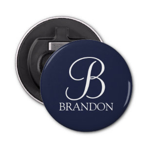 Navy Blue Specialized Script Monogram en Naam Button Flesopener