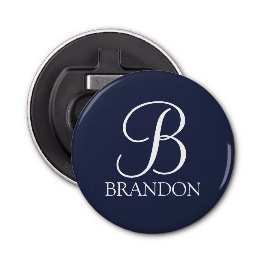 Navy Blue Specialized Script Monogram en Naam Button Flesopener (Voorkant)