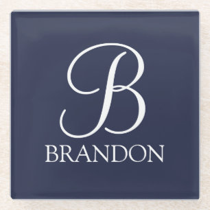 Navy Blue Specialized Script Monogram en Naam Glazen Onderzetter
