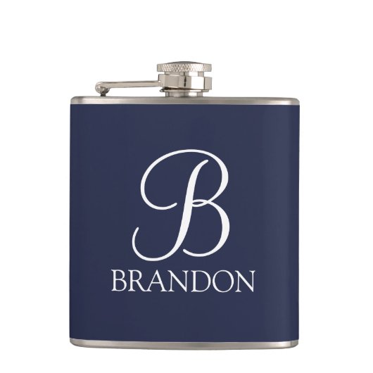 Navy Blue Specialized Script Monogram en Naam Heupfles (Voorkant)