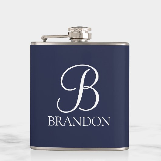 Navy Blue Specialized Script Monogram en Naam Heupfles