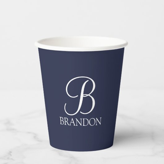 Navy Blue Specialized Script Monogram en Naam Papieren Bekers (Voorkant)