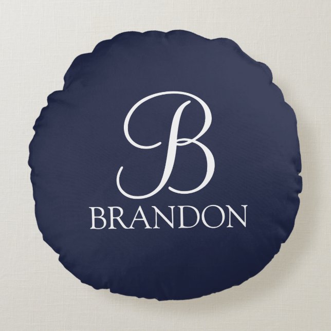 Navy Blue Specialized Script Monogram en Naam Rond Kussen (Voorkant)