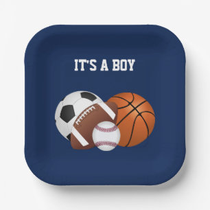 Navy Blue Sports Baby shower Het is een jongen Papieren Bordje