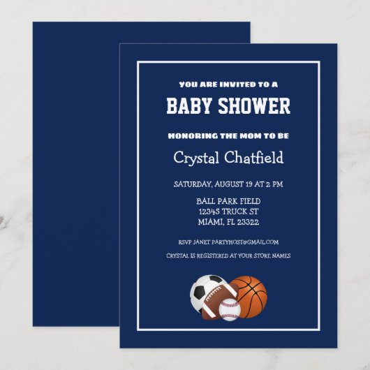 Navy Blue Sports Baby shower Kaart (Voorkant / Achterkant)