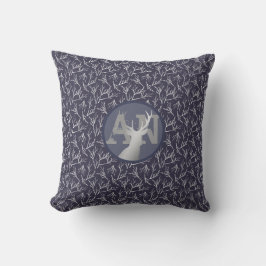 Navy Blue Stag Winter Twig Monogram Initiaal Decor Kussen