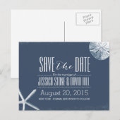 Navy Blue Starfish & Sand Dollar Save the Date Aankondigingskaart (Voorkant / Achterkant)