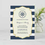 Navy Blue Strepen | Nautilus Bruiloft Feest Kaart (Staand voorkant)