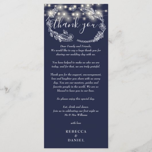 Navy Blue String Lights dank u plaats kaart (Voorkant)