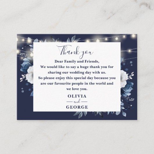 Navy Blue String Lights Floral Wedding Bedankt Plaatskaartje (Voorkant)