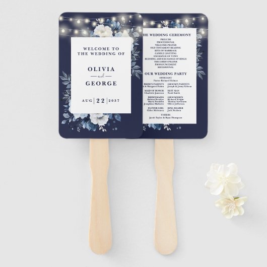 Navy Blue String Lights Floral Wedding Program Handwaaier (Voorkant en achterkant)