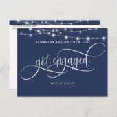 Navy Blue, String Lights, get Engaged, Verloving Aankondigingskaart (Voorkant / Achterkant)