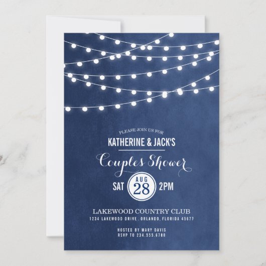 Navy Blue String Lights Koppels Douche Uitnodiging (Voorkant)