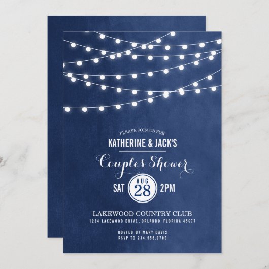Navy Blue String Lights Koppels Douche Uitnodiging (Voorkant / Achterkant)