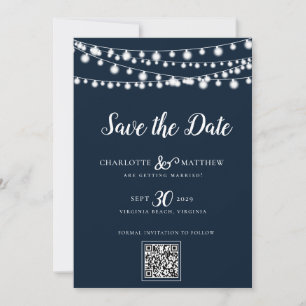 Navy Blue String Lights Modern Script Bewaar de Save The Date