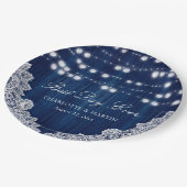 Navy Blue String Lights Rustiek Hout Lace Wedding Papieren Bordje (Gekanteld)