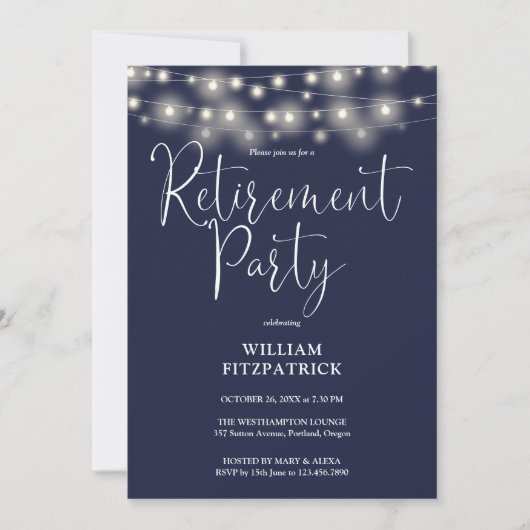 Navy Blue String Lights Script Pensioen Partij Kaart (Voorkant)