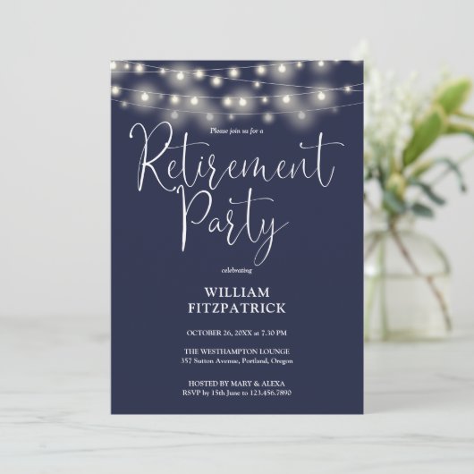 Navy Blue String Lights Script Pensioen Partij Kaart (Staand voorkant)