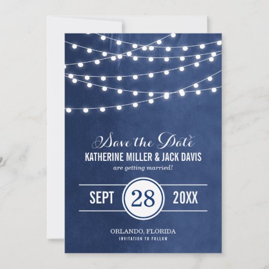 Navy Blue String Lights Sla de datum-aankondiging  Save The Date (Voorkant)