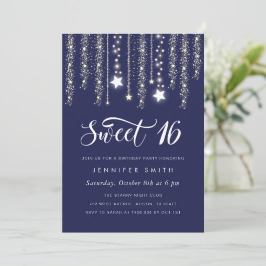 Navy Blue String Lights Sweet 16 Uitnodiging (Staand voorkant)