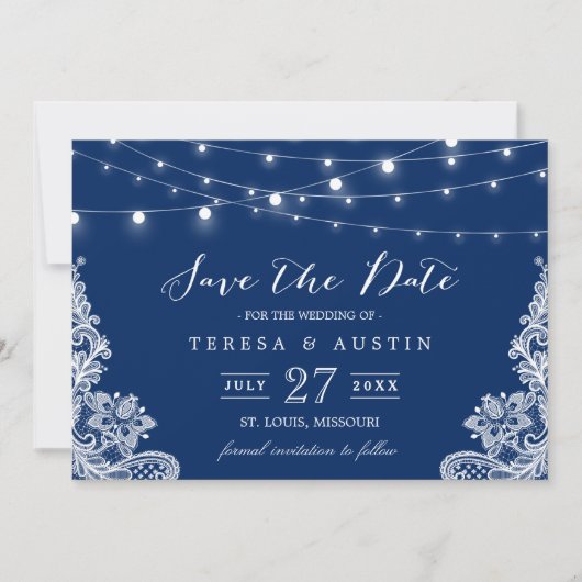 Navy Blue String Lights White Lace | Datum opslaan Save The Date (Voorkant)