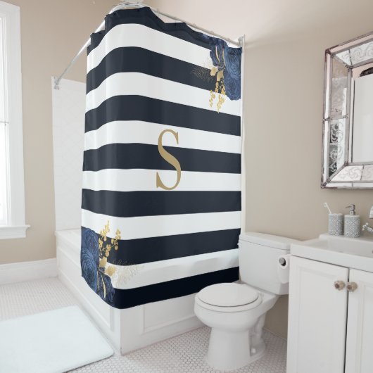 Navy Blue Stripe Floral Gold Monogram Douchegordijn (In situ)