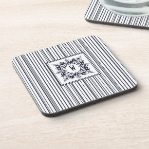Navy Blue Stripe Label en monogram Bier Onderzetter