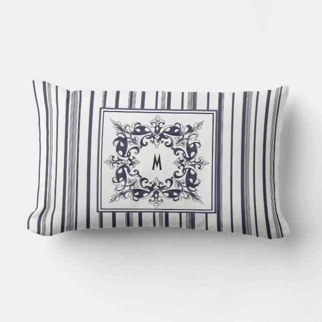 Navy Blue Stripe  Label en monogram Buitenkussen (Voorkant)