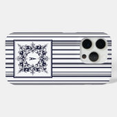 Navy Blue Stripe Label en monogram Case-Mate iPhone Case (Achterkant (horizontaal))