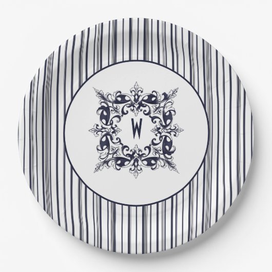 Navy Blue Stripe Label en monogram Papieren Bordje (Voorkant)
