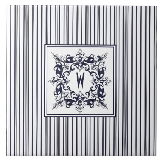Navy Blue Stripe  Label en monogram Tegeltje (Voorkant)