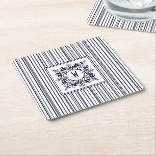 Navy Blue Stripe Label en monogram Vierkante Kartonnen Onderzetter