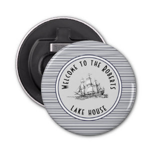 Navy Blue Stripe Label en naam Button Flesopener