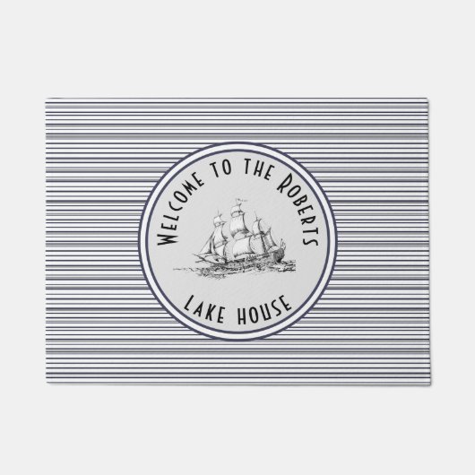 Navy Blue Stripe Label en naam Deurmat (Voorkant)