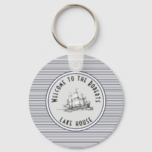 Navy Blue Stripe Label en naam Sleutelhanger