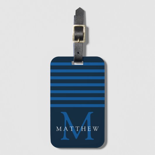 Navy Blue Stripe Monogram Masculine Bagagelabel (Voorkant (verticaal))