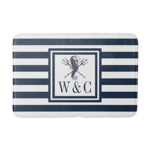 Navy Blue Stripe Monogram Nautical Seahorse Bath M Badmat