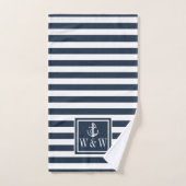 Navy Blue Stripe Nautical Anchor Monogram Initiale Bad Handdoek (Handdoek)