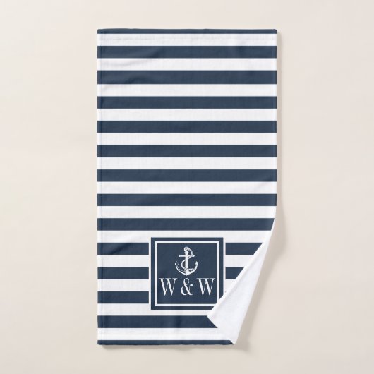 Navy Blue Stripe Nautical Anchor Monogram Initiale Bad Handdoek (Handdoek)