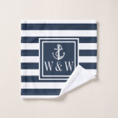Navy Blue Stripe Nautical Anchor Monogram Initiale Bad Handdoek (Wasdoekje)