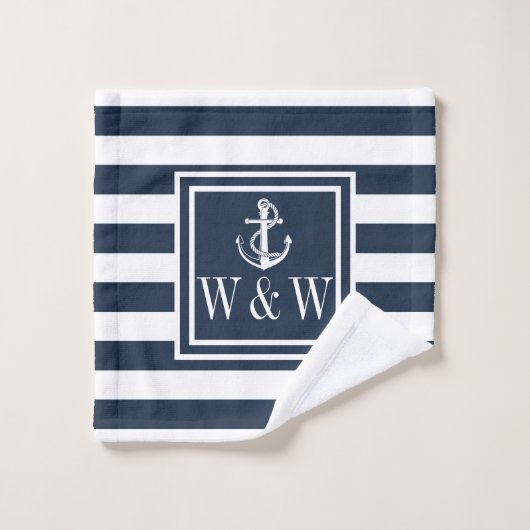 Navy Blue Stripe Nautical Anchor Monogram Initiale Bad Handdoek (Wasdoekje)