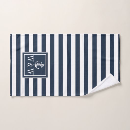 Navy Blue Stripe Nautical Anchor Monogram Initiale Bad Handdoek (Handdoek)