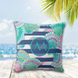 Navy Blue Stripe Seashell Monogram Kussen