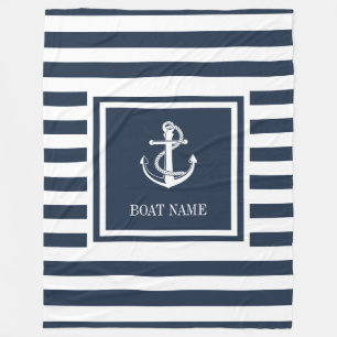 Navy Blue Striped Nautical Anchor Boat Name Fleece Deken
